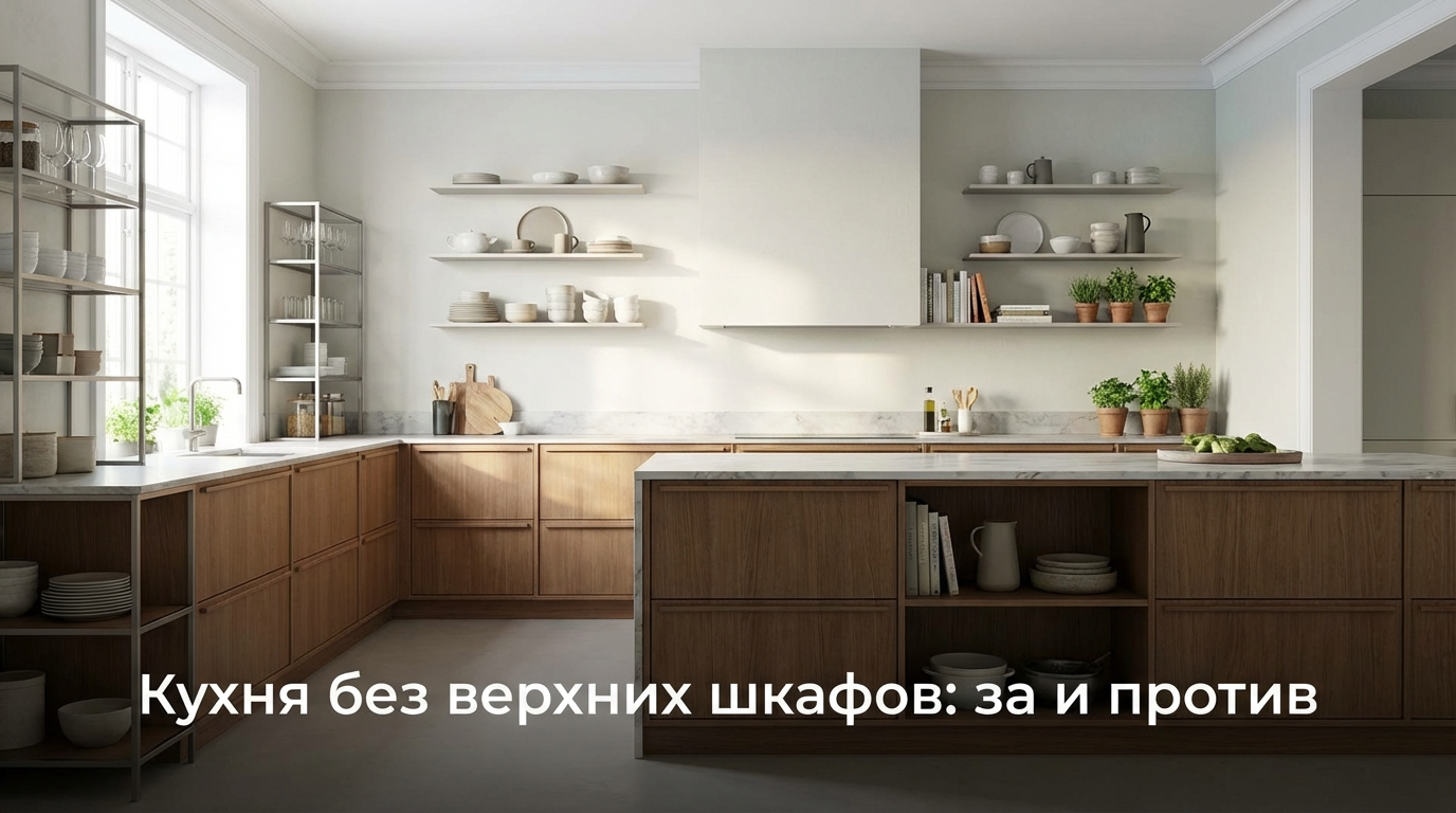 Современный интерьер кухни без навесных шкафов с открытыми полками