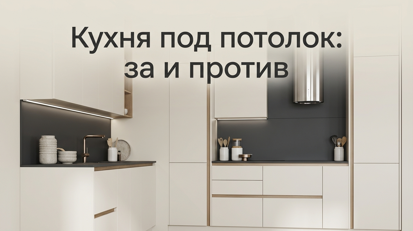 Современная кухня с высокими шкафами под потолок и скрытой вытяжкой