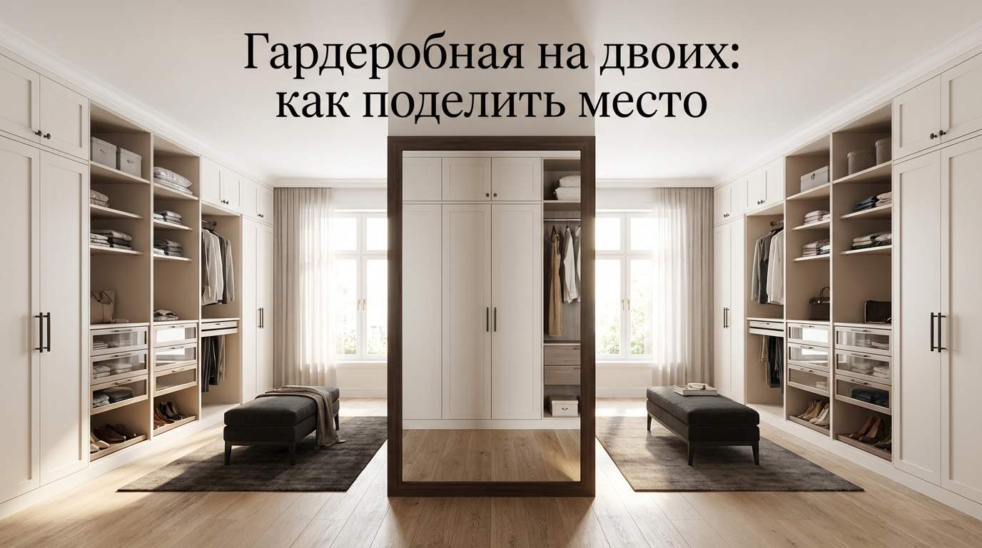 Интерьер функциональной гардеробной комнаты, разделенной на мужскую и женскую зоны