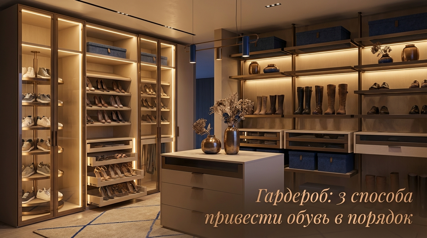 Примеры хранения обуви: полки, выдвижные модули и прозрачные коробки в гардеробной комнате