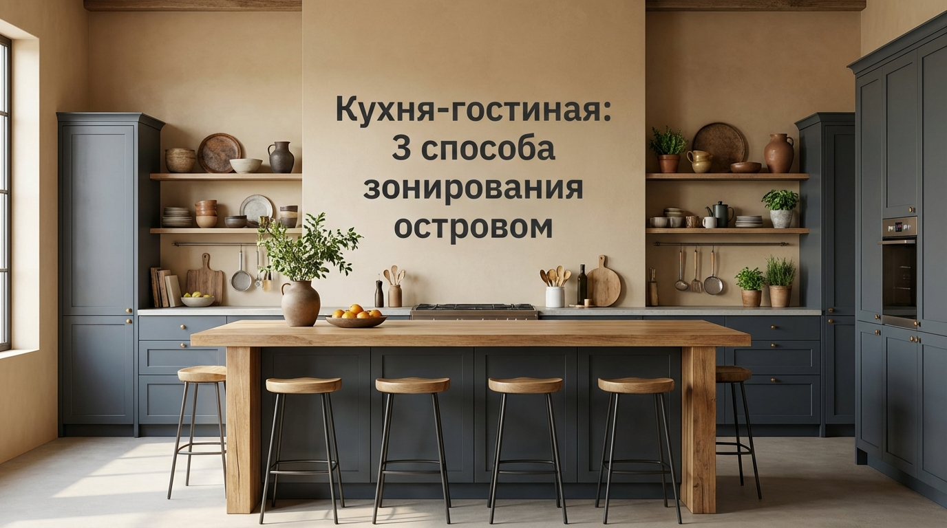 Интерьер кухни-гостиной с кухонным островом для зонирования пространства