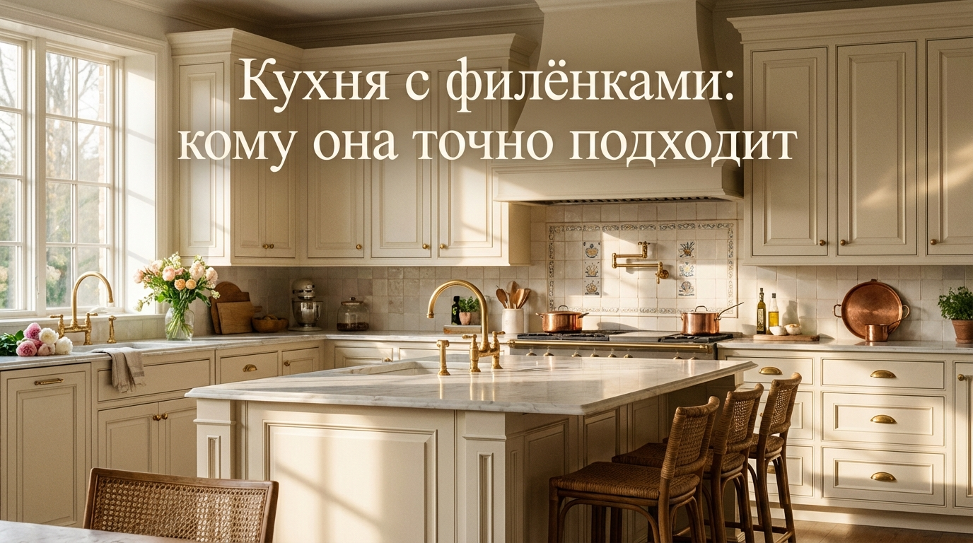Интерьер классической кухни с белыми филёнчатыми фасадами и изящной фурнитурой