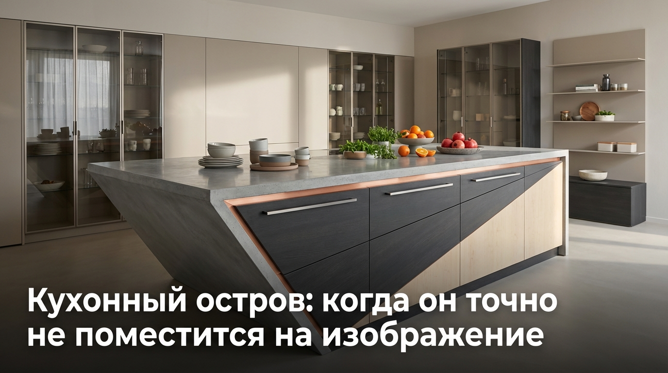 Современный кухонный остров в интерьере с указанием минимальных размеров и проходов
