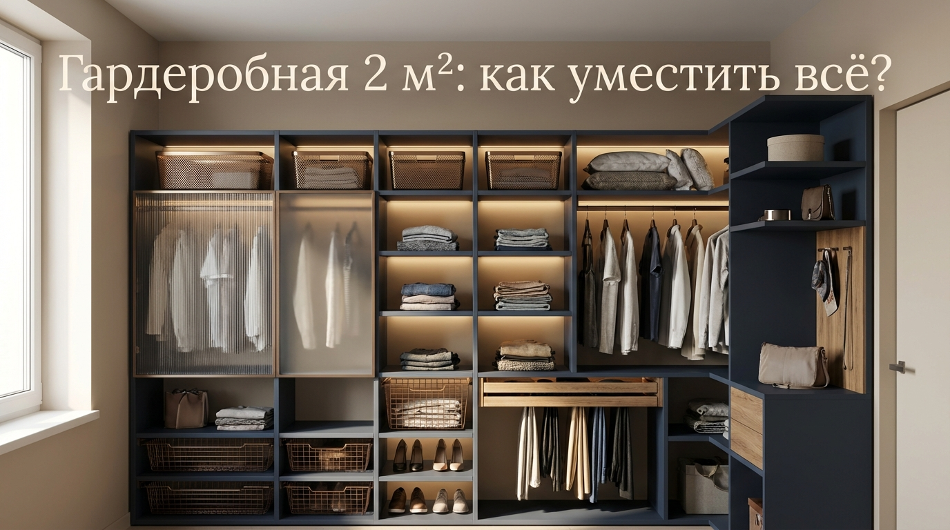 Интерьер маленькой гардеробной площадью 2 квадратных метра с полками и штангами