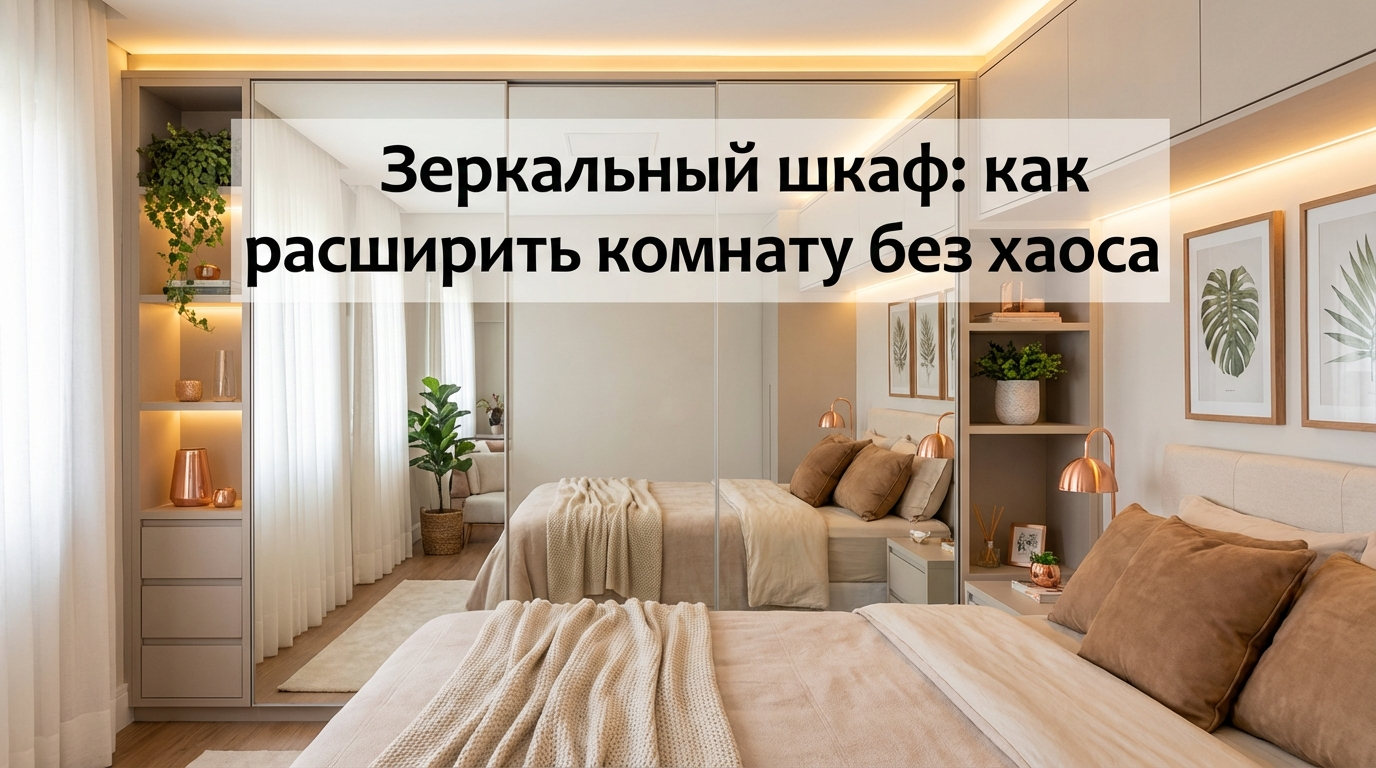 Шкаф с зеркальными фасадами в интерьере спальни, визуально увеличивающий пространство
