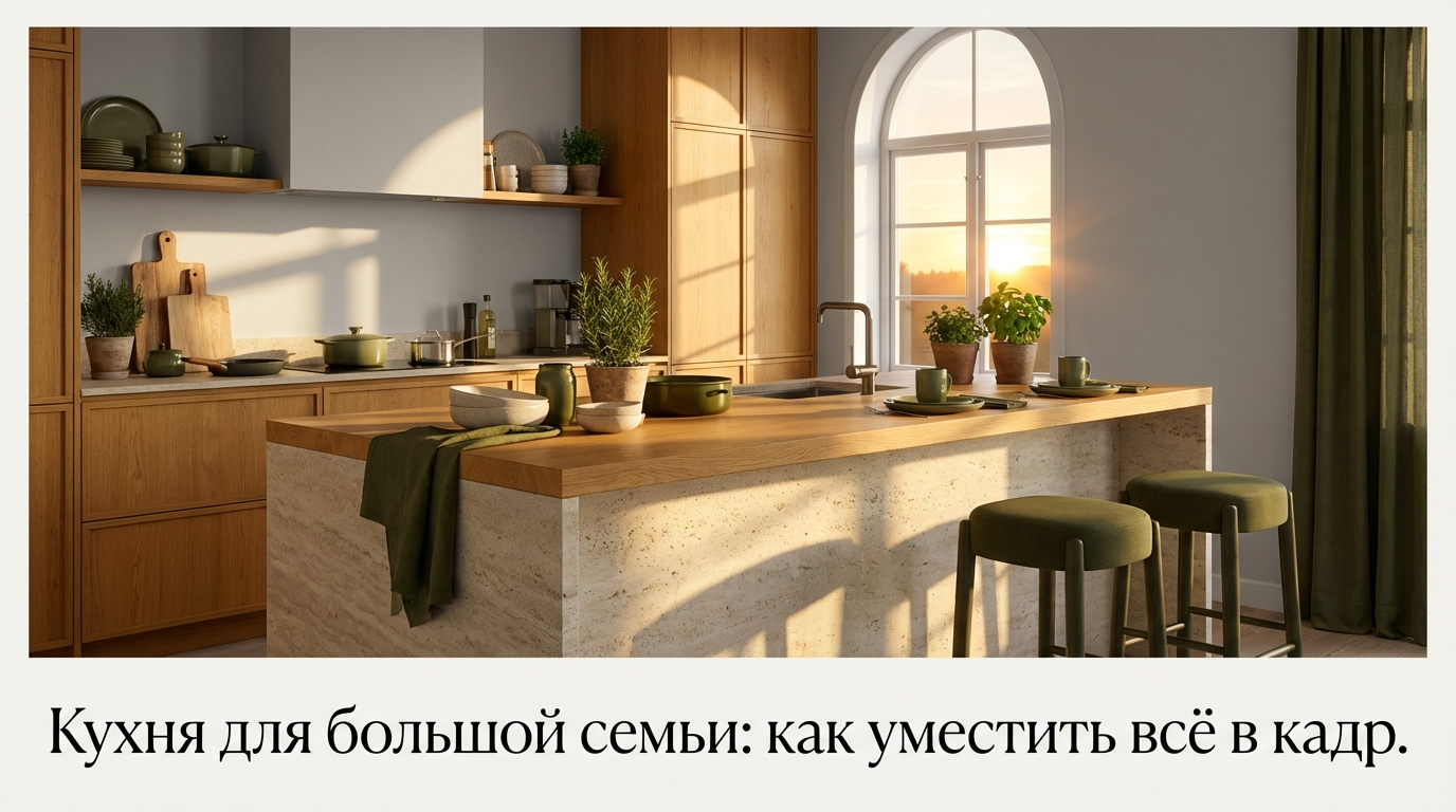 Эргономичная планировка кухни с зонами хранения и просторной рабочей поверхностью для большой семьи
