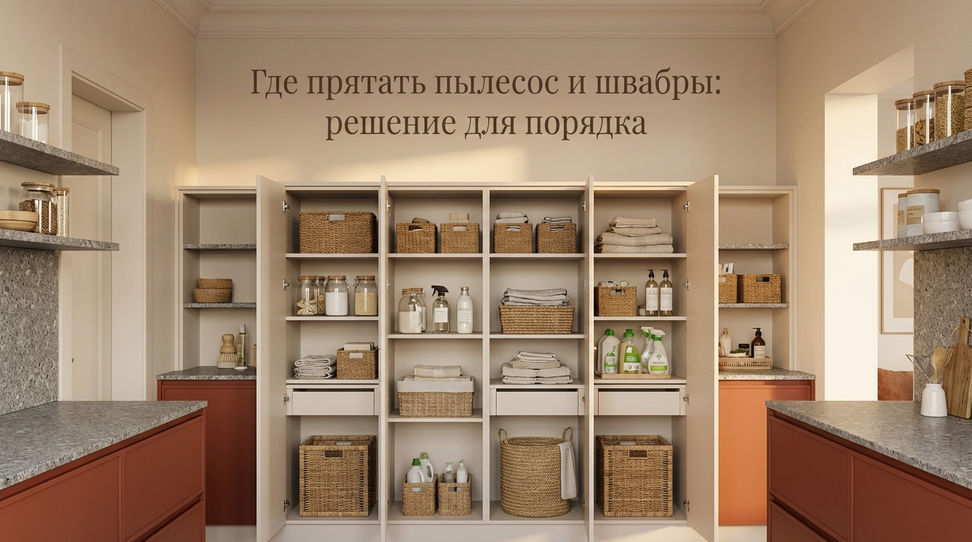Встроенный хозяйственный шкаф для хранения пылесоса, швабры и бытовой химии