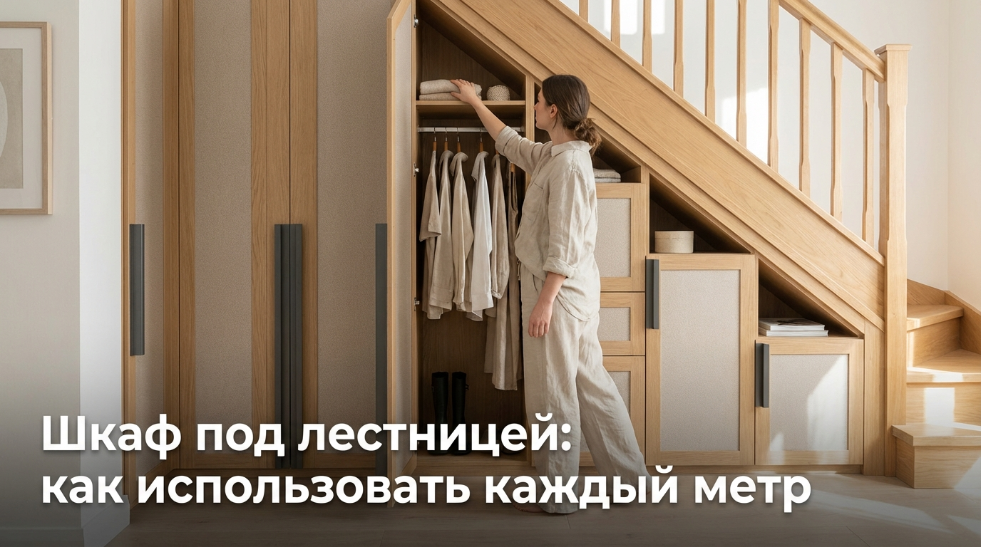 Встроенный шкаф под лестницей в интерьере частного дома для умного хранения вещей
