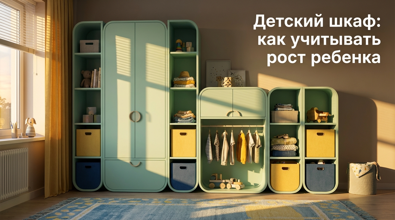 Функциональный шкаф в интерьере детской комнаты, подобранный под рост ребенка