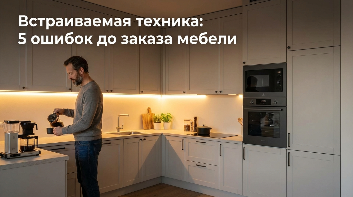 Комплект встраиваемой бытовой техники в современном кухонном гарнитуре