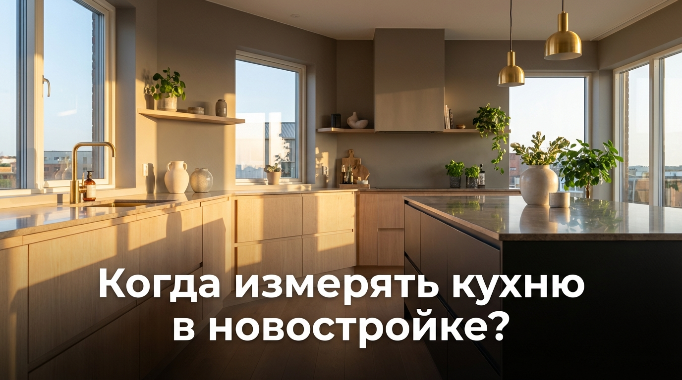 Мастер проводит замер кухни в новой квартире перед установкой мебели