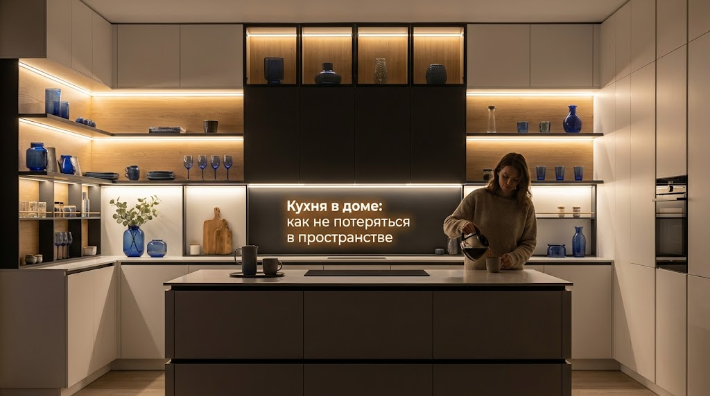 Современный дизайн большой кухни в интерьере частного дома с панорамными окнами