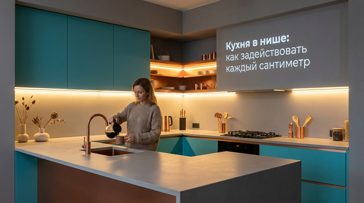 Интерьер кухни, расположенной в нише с использованием углубления в стене для мебели