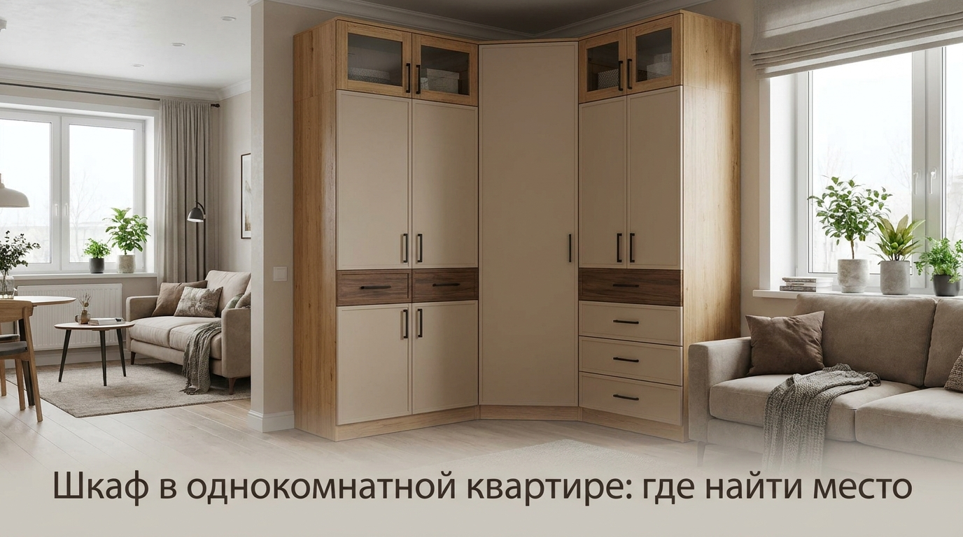 Компактная гардеробная система в углу однокомнатной квартиры с полками и вешалками
