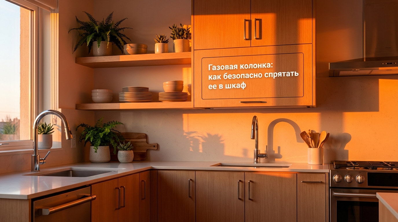 Интерьер маленькой кухни в хрущевке с замаскированной газовой колонкой в шкафу