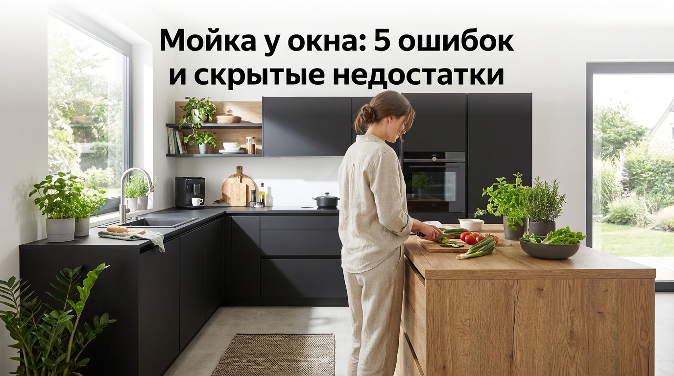 Современная кухня с рабочей зоной и мойкой расположенной прямо перед окном