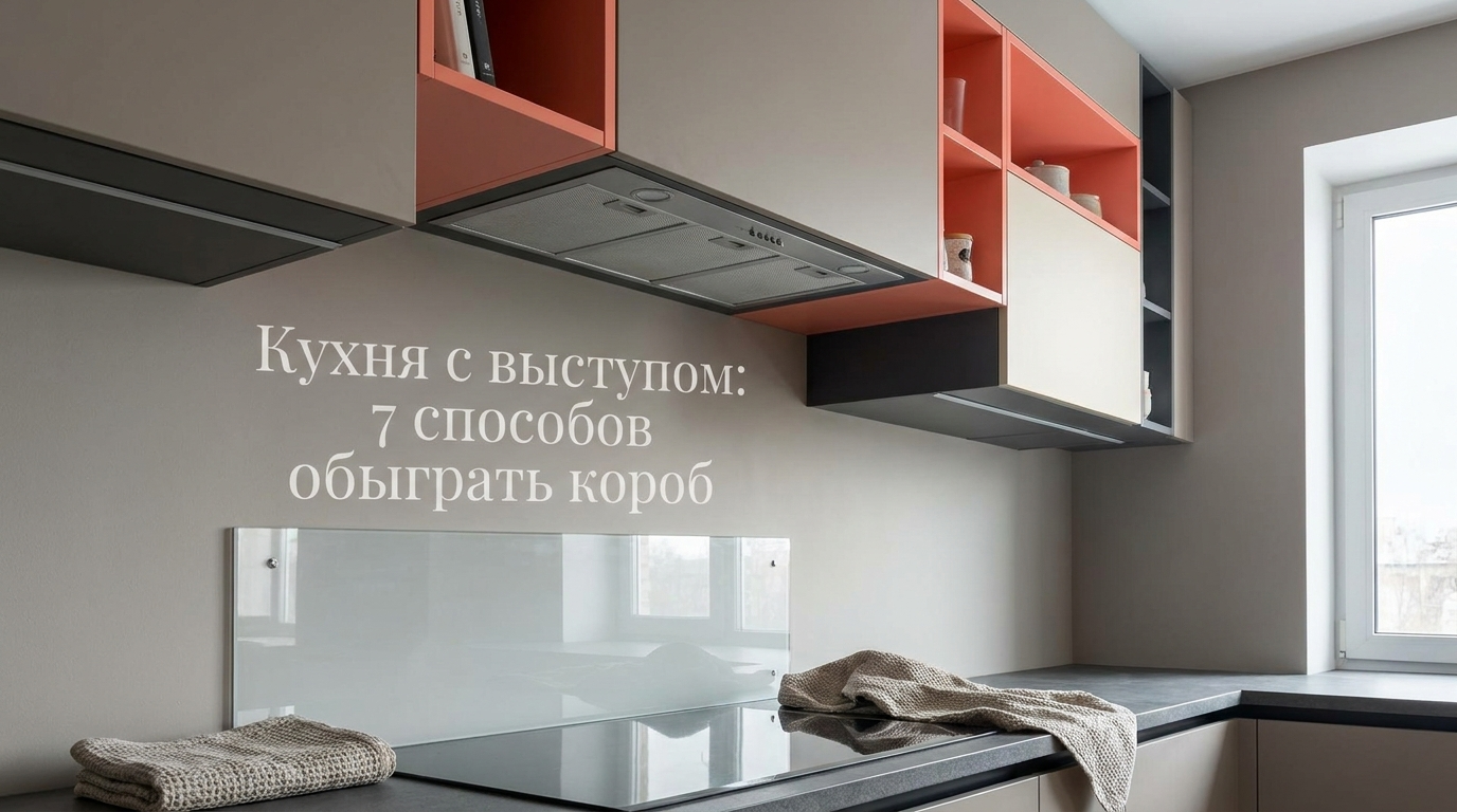 Интерьер кухни с обыгранным вентиляционным выступом в углу