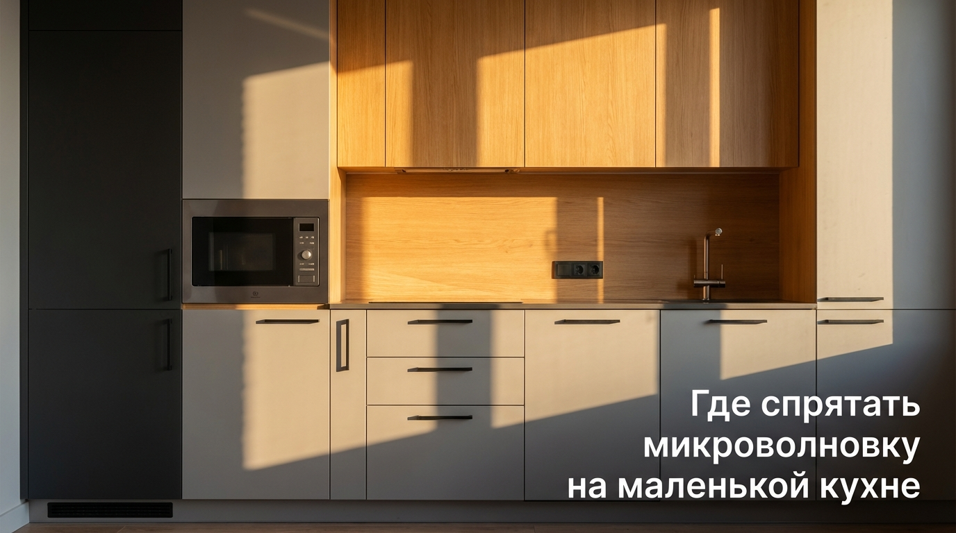 Встроенная микроволновка в кухонном шкафу и СВЧ на столешнице