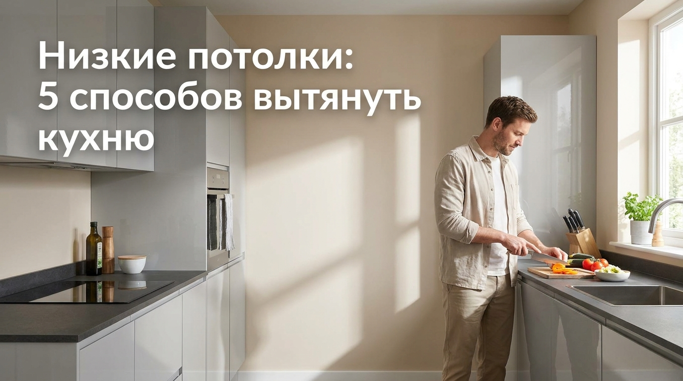 Интерьер кухни с низким потолком и приемами по его визуальному поднятию