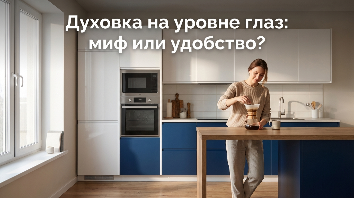 Встроенная духовка и микроволновая печь в кухонном шкафу на эргономичной высоте
