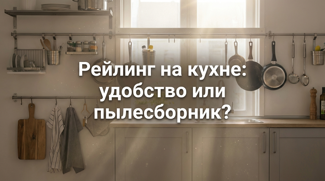 Металлический рейлинг с кухонной утварью на фартуке современной кухни