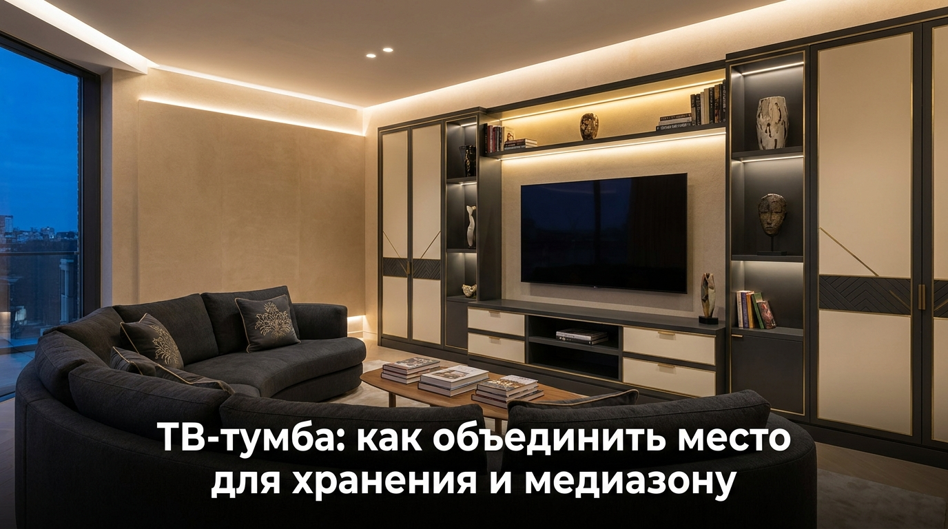 Функциональный шкаф под телевизор с полками для хранения и медиазоной в гостиной