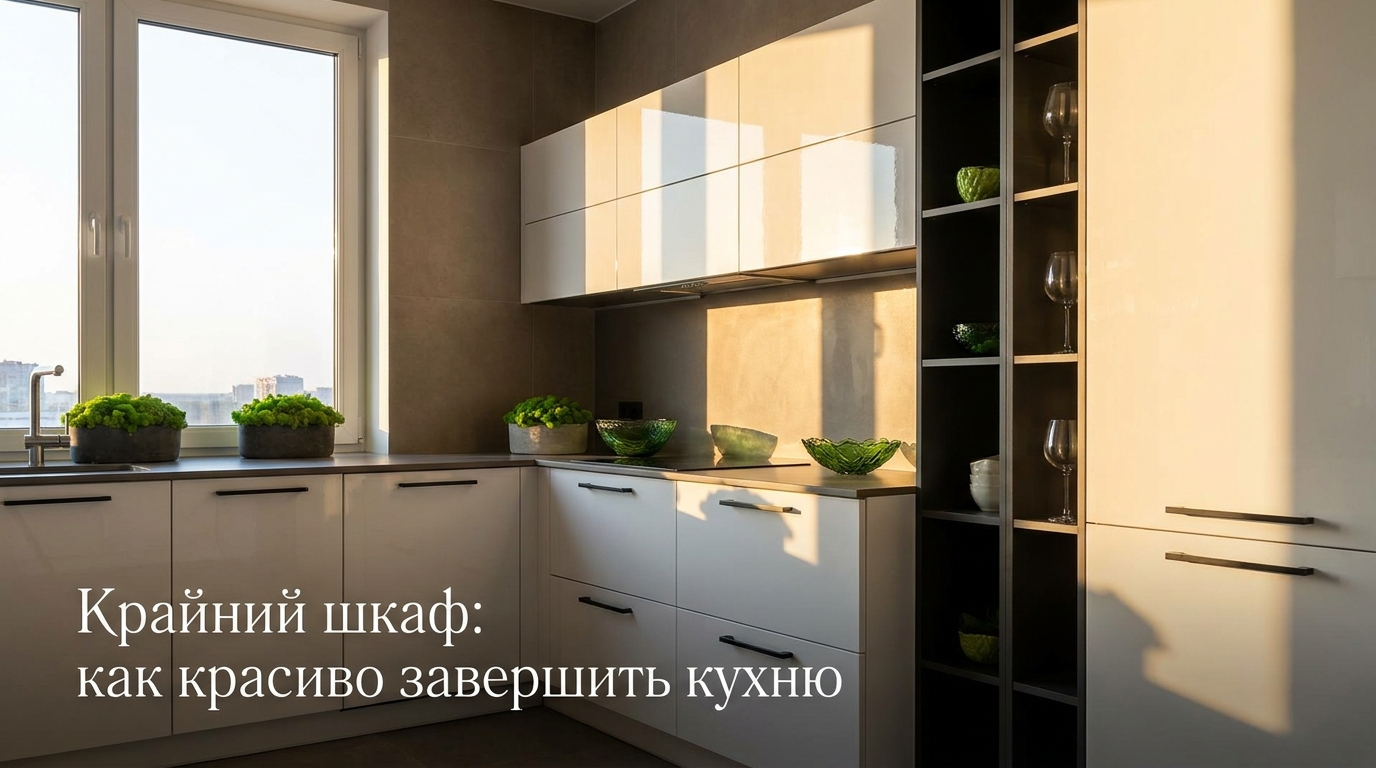 Угловой торцевой шкаф с открытыми полками в интерьере современной кухни