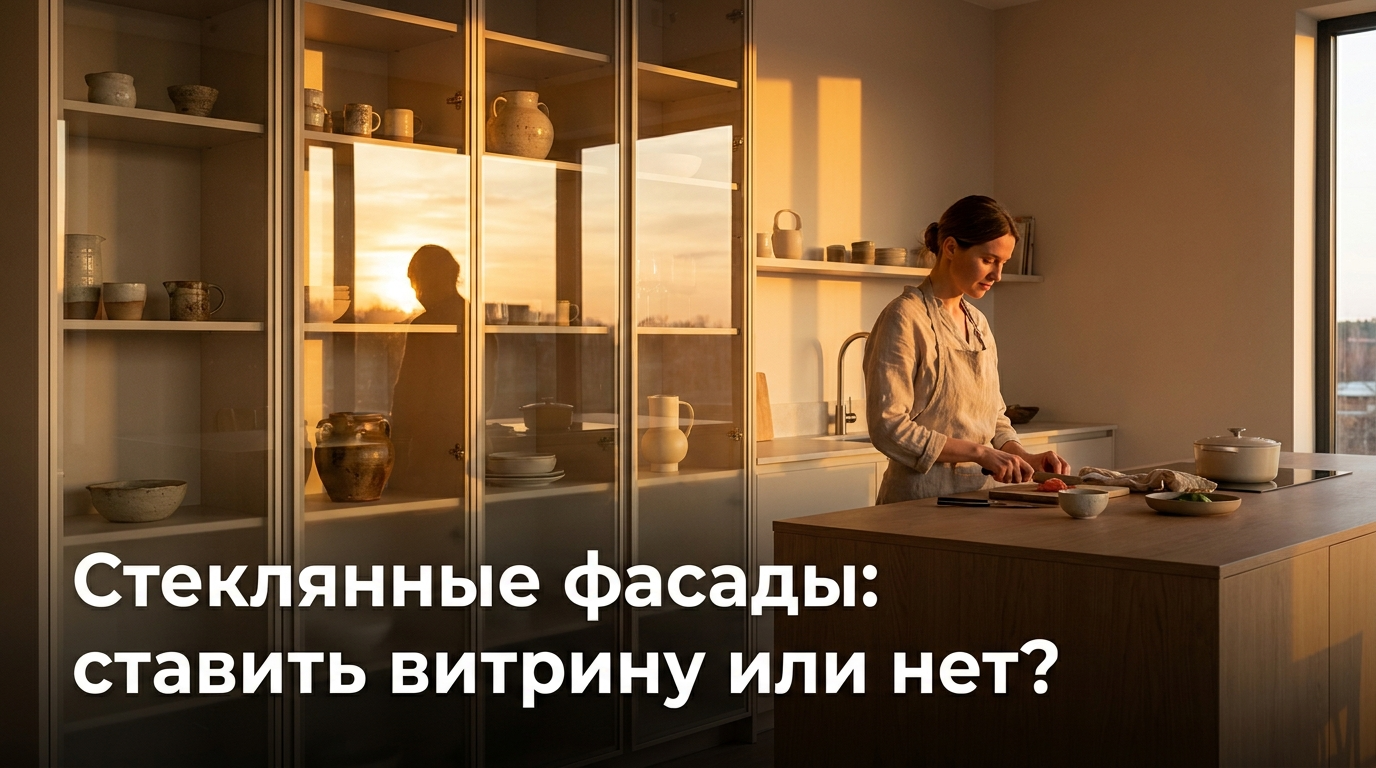 Стеклянный фасад кухонного шкафа с подсветкой и полками