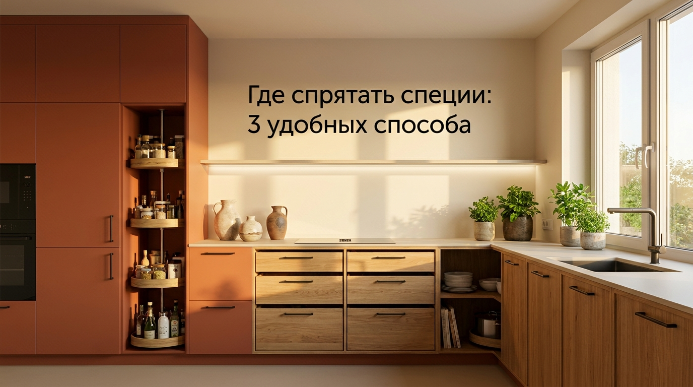 Удобные системы хранения специй: выдвижные ящики, вращающиеся карусели и настенные рейлинги на кухне