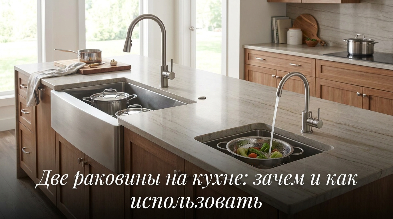 Интерьер функциональной кухни с двумя установленными мойками в столешнице