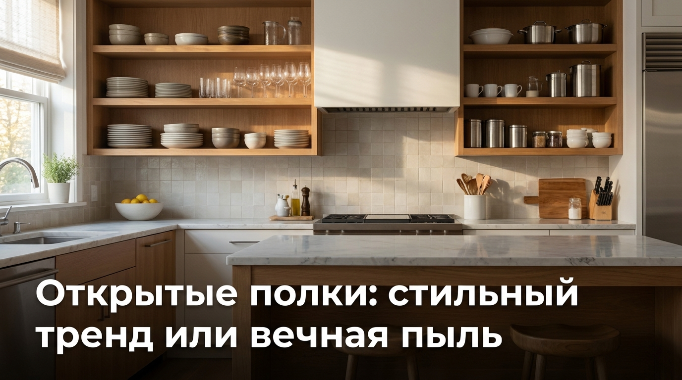 Стильная современная кухня с открытыми деревянными полками и аккуратно расставленной посудой
