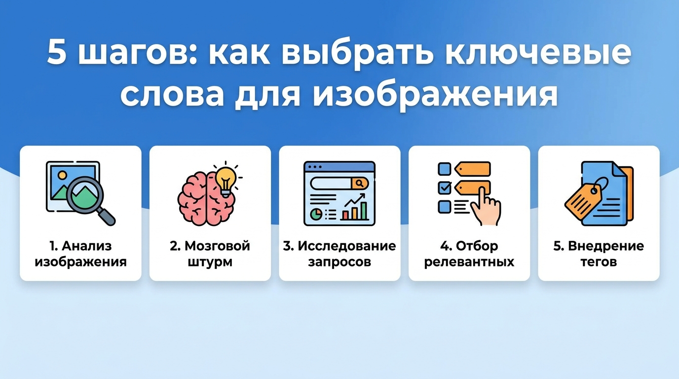 Инфографика из 5 шагов для подбора ключевых фраз в поиске