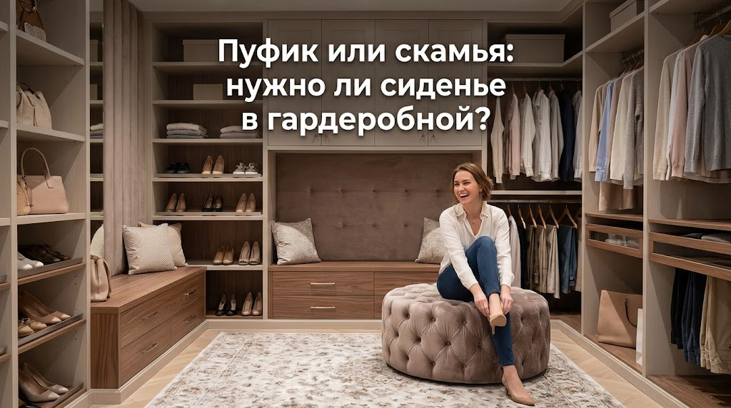 Мягкий пуфик и компактная скамья в современной гардеробной комнате