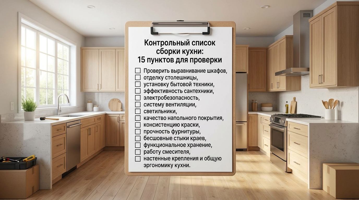 Процесс сборки кухонного гарнитура с инструментами