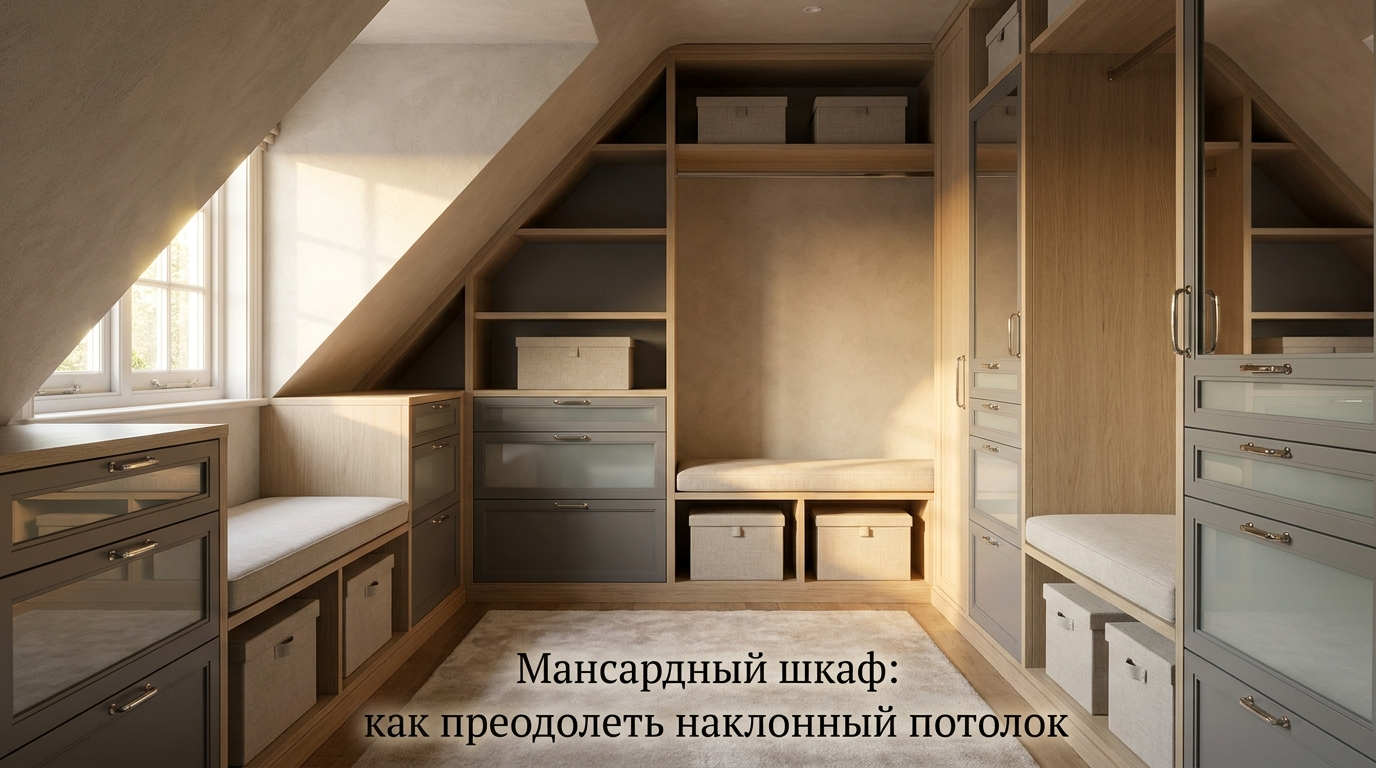 Встроенный шкаф в интерьере мансарды под скошенным потолком