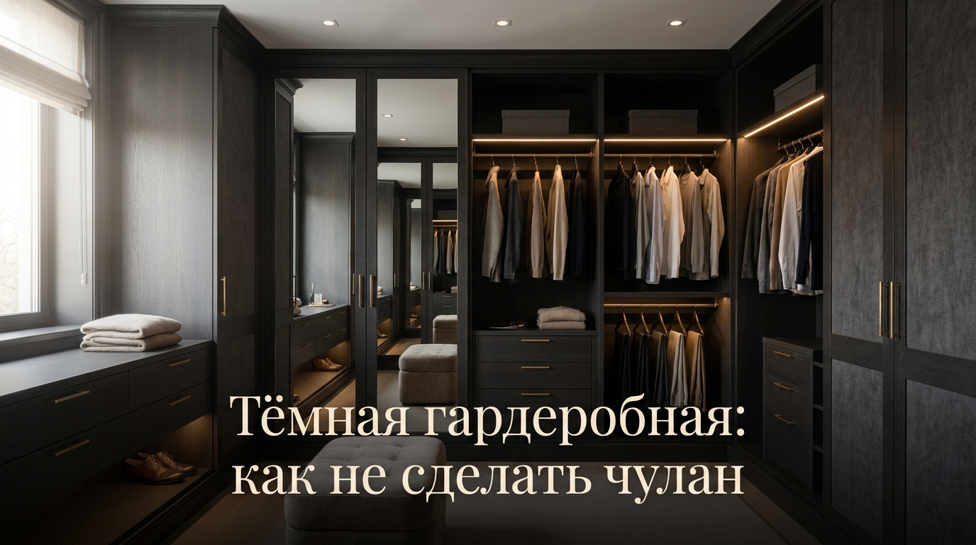 Интерьер современной тёмной гардеробной с продуманным мебельным освещением и открытыми полками