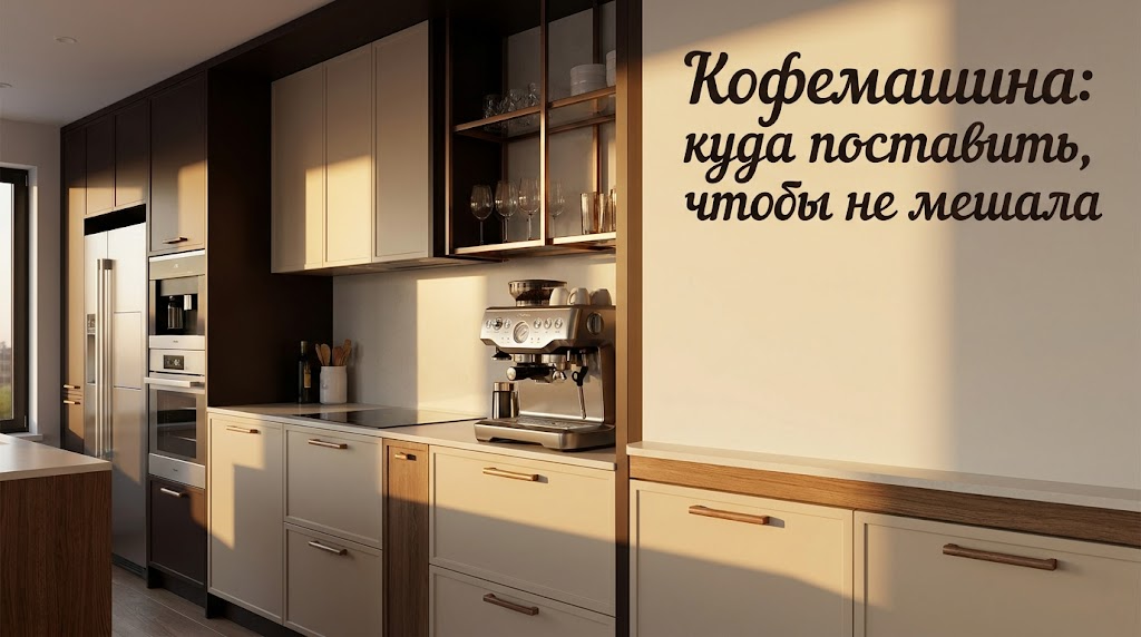 Пример правильного размещения встраиваемой кофемашины в кухонном гарнитуре на уровне глаз