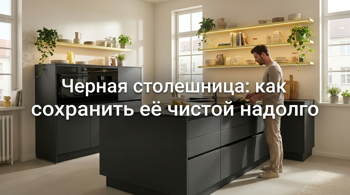 Интерьер современной кухни с контрастной чёрной столешницей