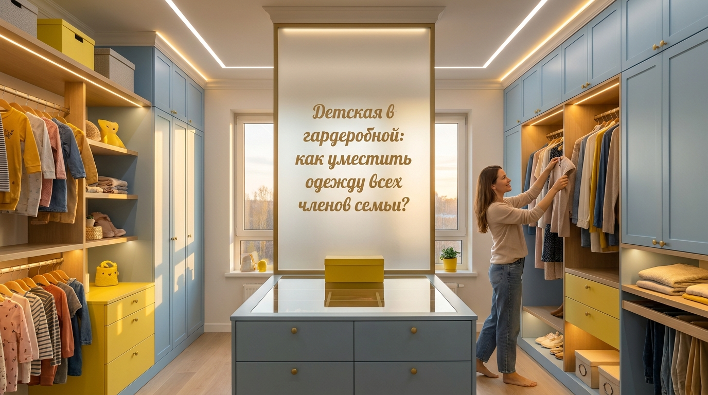 Эргономичная планировка гардеробной с зоной для детской и взрослой одежды