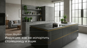 Процесс установки индукционной плиты в кухонную столешницу над ящиками