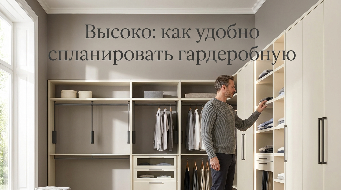 Высокая гардеробная система с нестандартным расположением штанг и полок для одежды