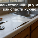 Процесс восстановления и защиты вздувшейся от воды кухонной столешницы рядом с раковиной