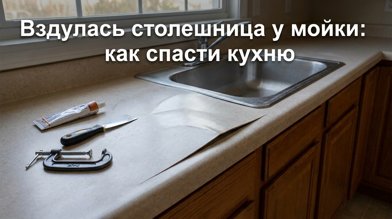 Процесс восстановления и защиты вздувшейся от воды кухонной столешницы рядом с раковиной